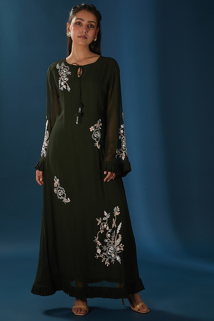 Mehendi Green Embroidered Maxi Dress by Baidehi
