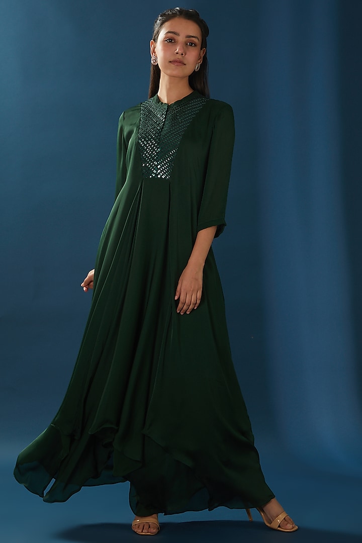 Green Italian Satin Draped Maxi Dress by Baidehi