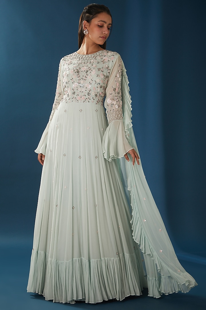 Ice Blue Embroidered Party Wear Gown by Baidehi at Pernia's Pop Up Shop