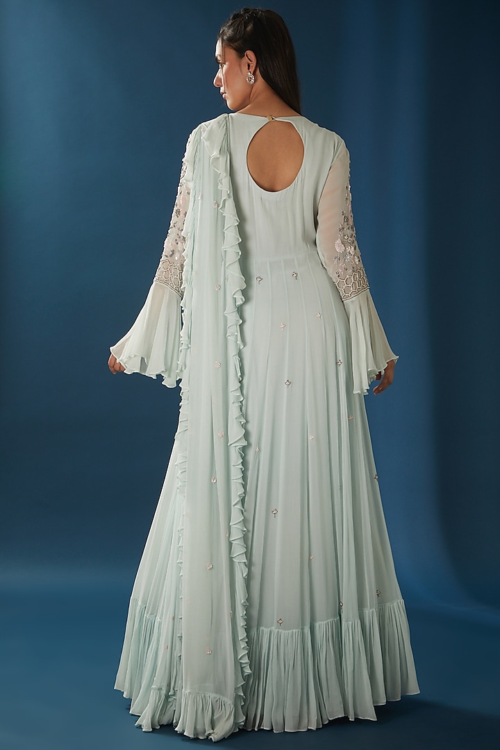 Ice Blue Embroidered Party Wear Gown by Baidehi at Pernia's Pop Up Shop