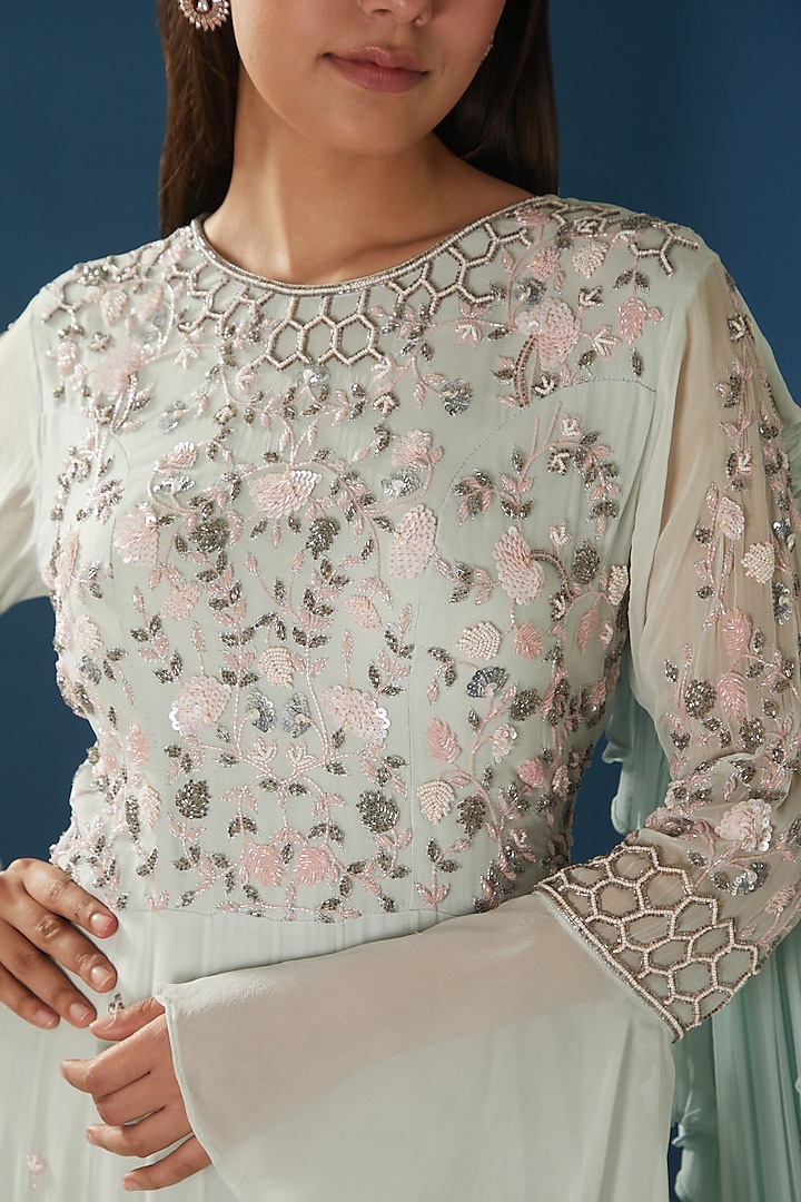 Ice Blue Embroidered Party Wear Gown by Baidehi at Pernia's Pop Up Shop