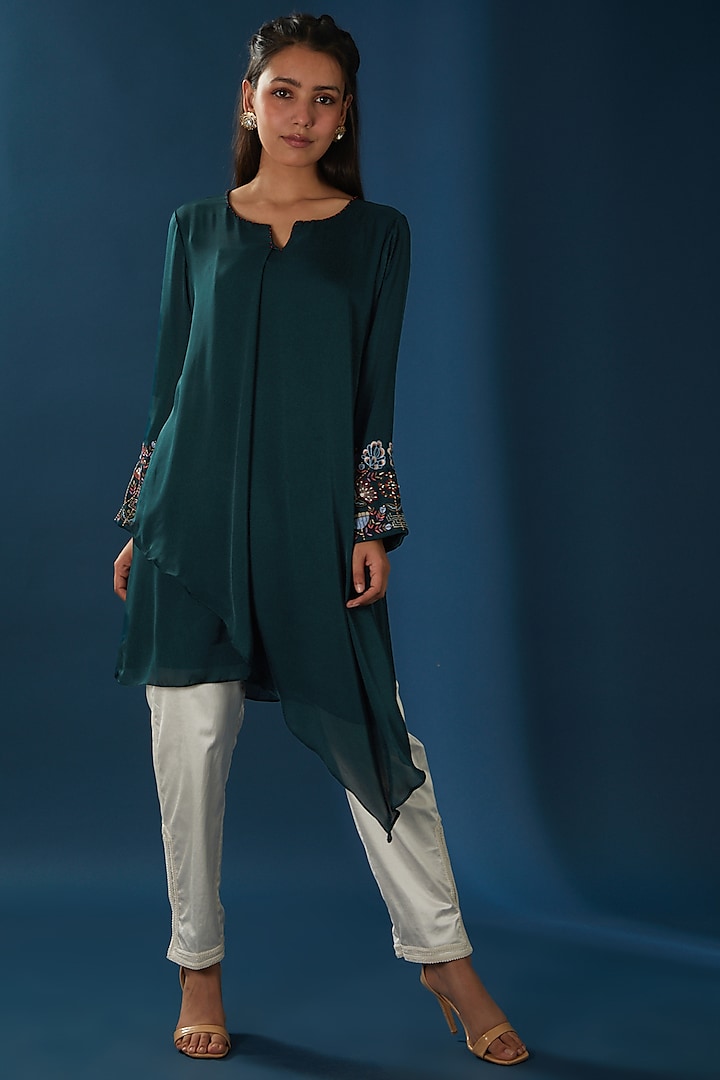 Bottle Green Embroidered Asymmetric Top by Baidehi