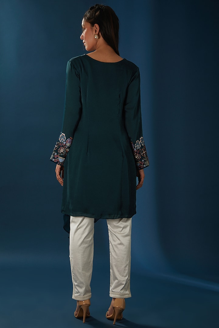 Bottle Green Embroidered Asymmetric Top by Baidehi at Pernia's Pop Up Shop