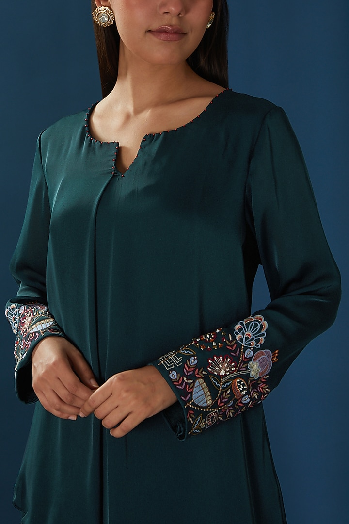 Bottle Green Embroidered Asymmetric Top by Baidehi at Pernia's Pop Up Shop