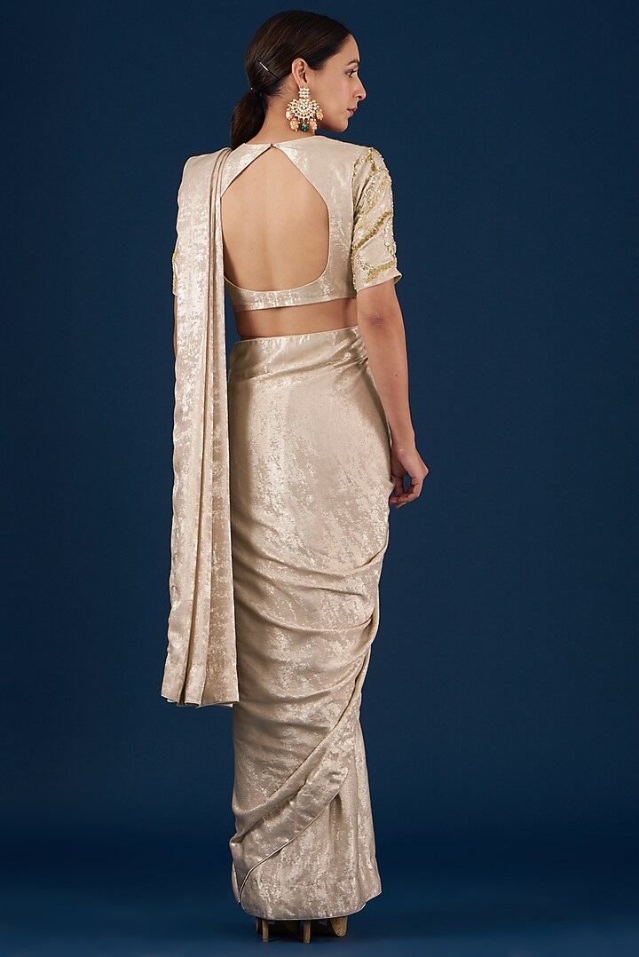 Gold Lycra Shimmer Foil Printed Draped Wedding Saree Set by Baidehi at Pernia's Pop Up Shop