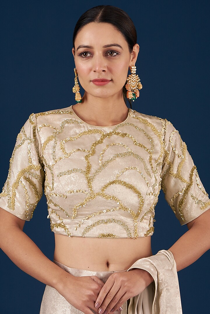 Gold Lycra Shimmer Foil Printed Draped Wedding Saree Set by Baidehi at Pernia's Pop Up Shop