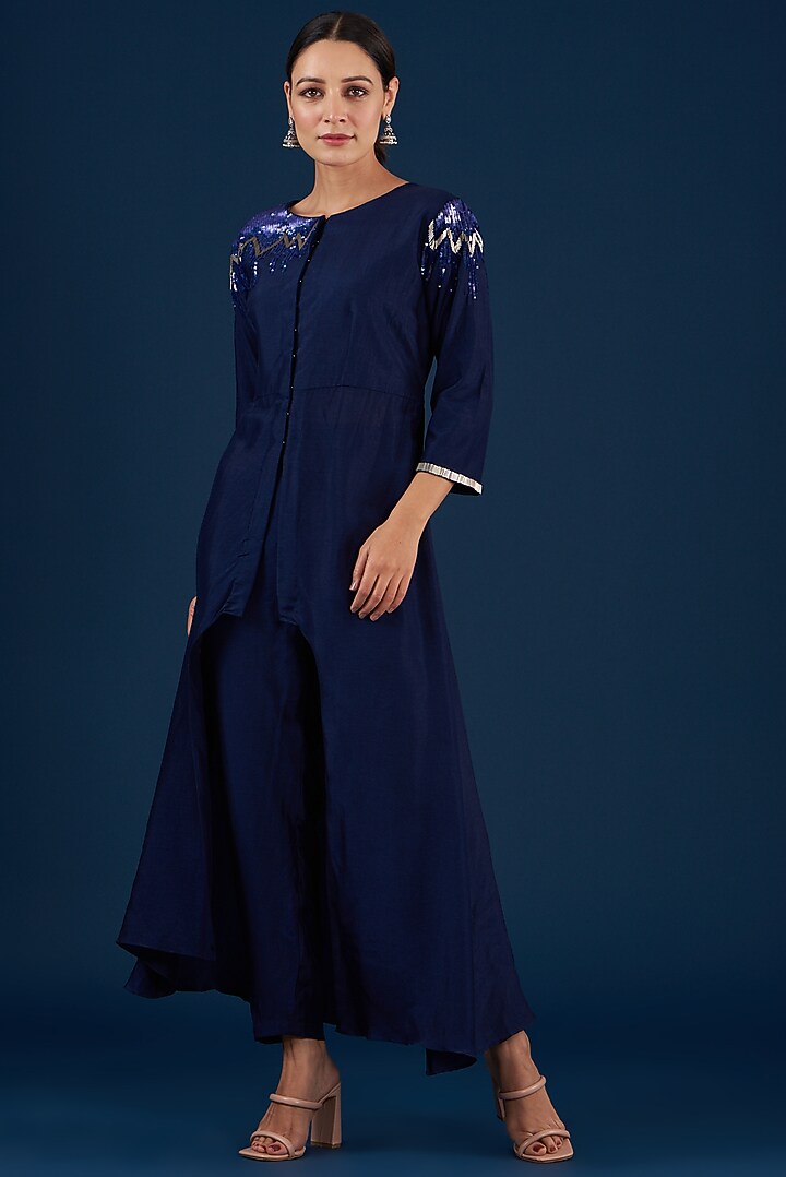 Blue Silk Kurta Set by Baidehi at Pernia's Pop Up Shop