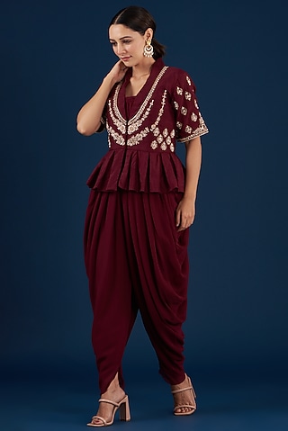 Maroon Georgette Jumpsuit With Top by Baidehi
