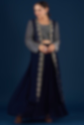 Blue Embroidered Jacket Set by Baidehi at Pernia's Pop Up Shop