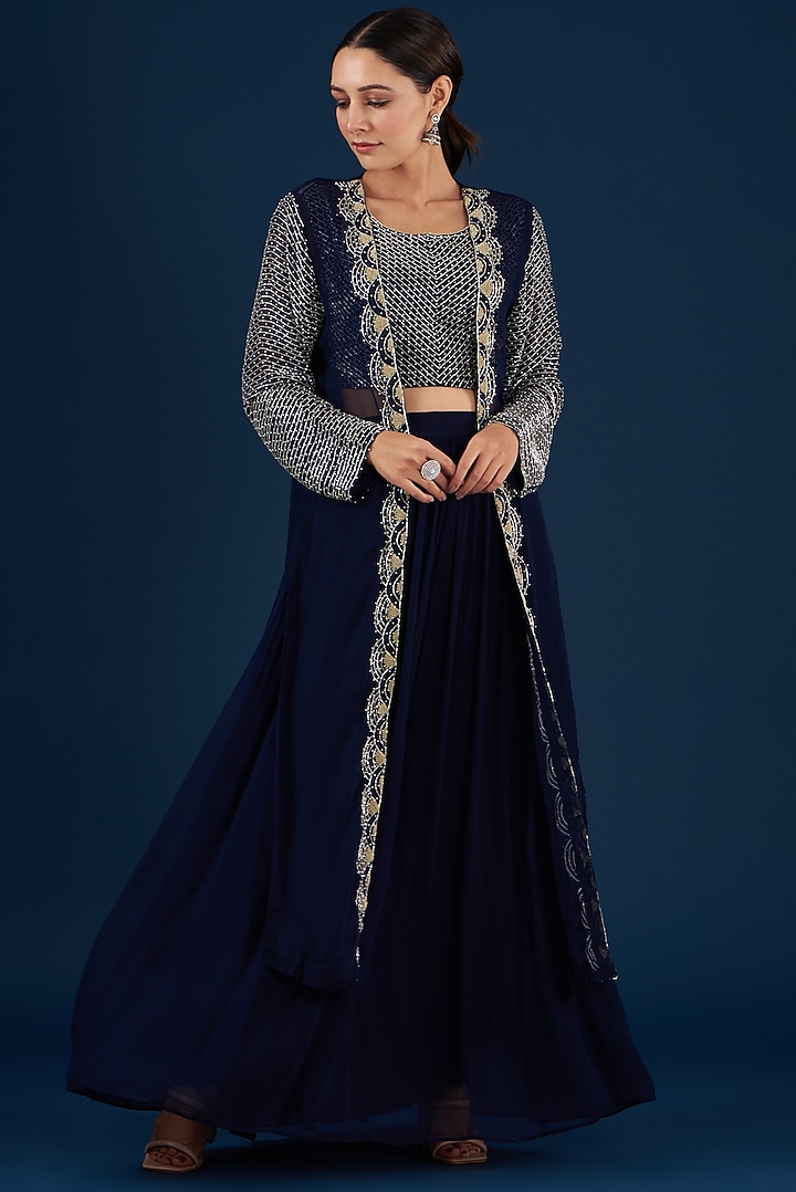 Blue Embroidered Jacket Set by Baidehi at Pernia's Pop Up Shop