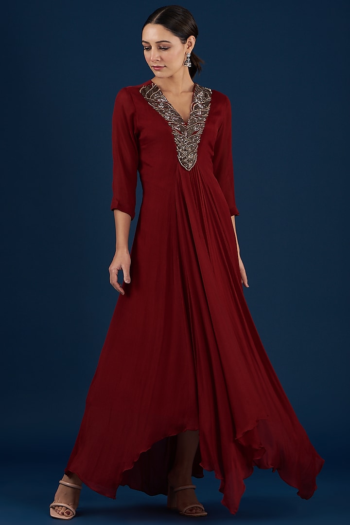Red Embellished Asymmetric Dress by Baidehi