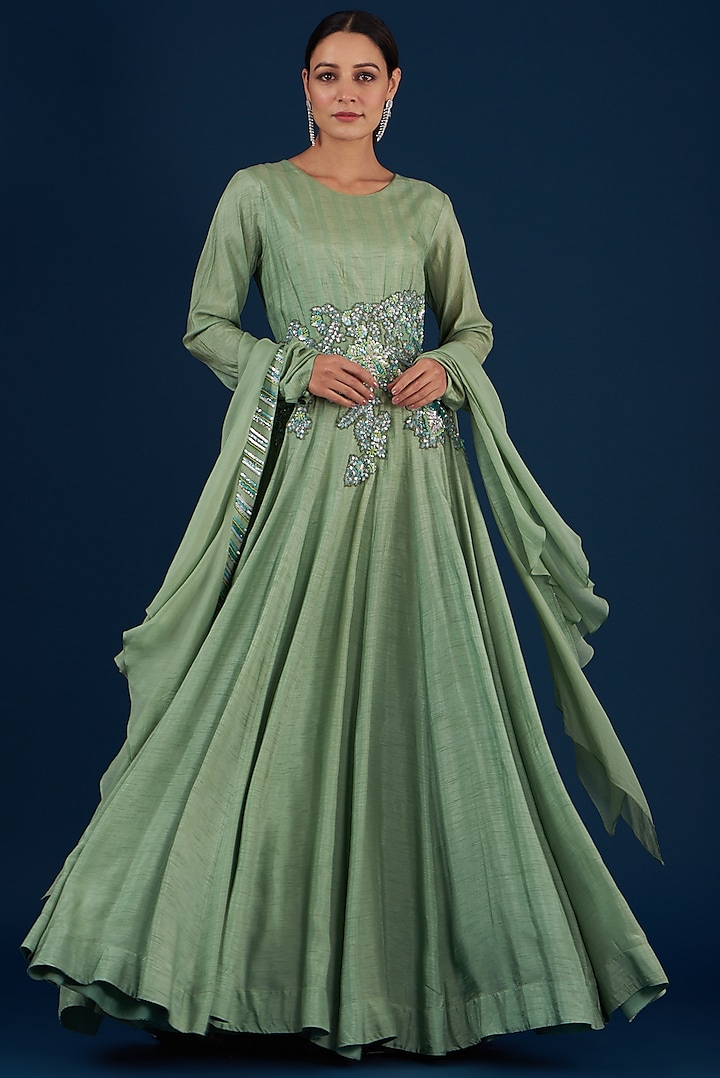 Olive Green Embroidered Gown by Baidehi