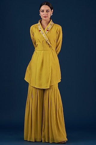 Mustard Georgette Sharara Set by Baidehi