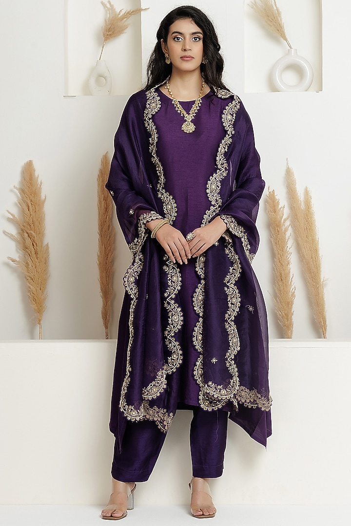 Russian Purple Dupion Silk Sequins Embroidered A-Line Kurta Set by Baidehi at Pernia's Pop Up Shop