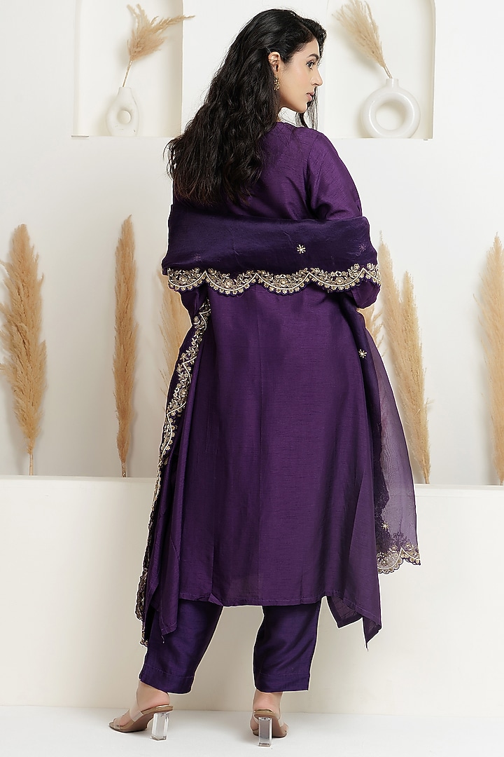 Russian Purple Dupion Silk Sequins Embroidered A-Line Kurta Set by Baidehi at Pernia's Pop Up Shop