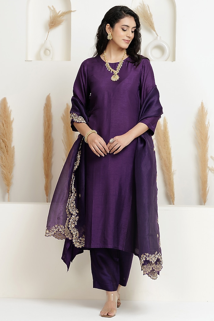 Russian Purple Dupion Silk Sequins Embroidered A-Line Kurta Set by Baidehi at Pernia's Pop Up Shop