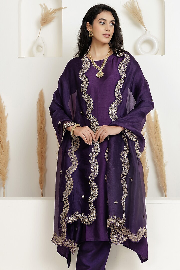 Russian Purple Dupion Silk Sequins Embroidered A-Line Kurta Set by Baidehi at Pernia's Pop Up Shop