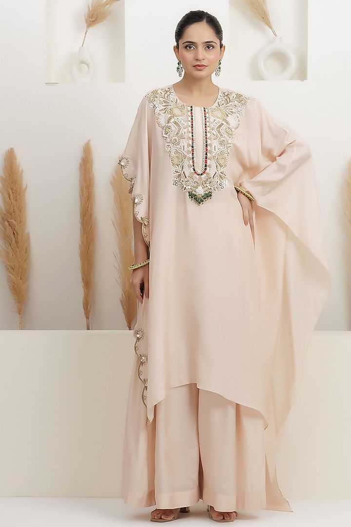 Powder Pink Dupion Silk Hand Embroidered Kaftan Set by Baidehi at Pernia's Pop Up Shop