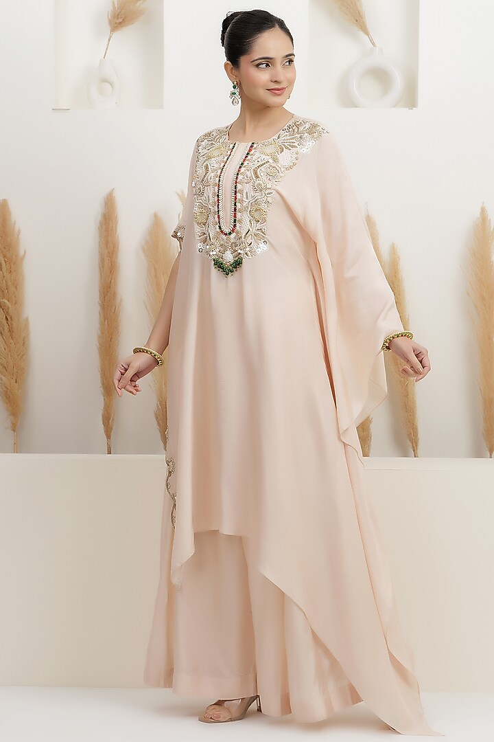 Powder Pink Dupion Silk Hand Embroidered Kaftan Set by Baidehi at Pernia's Pop Up Shop