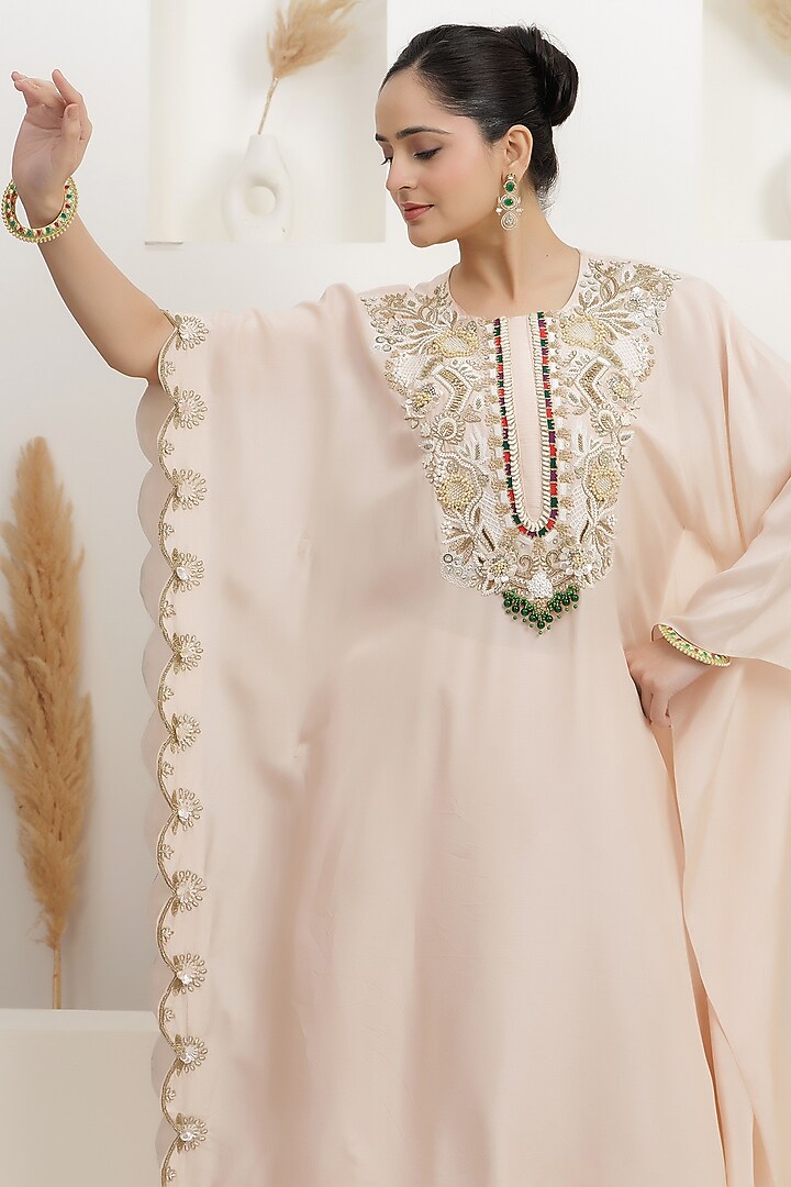 Powder Pink Dupion Silk Hand Embroidered Kaftan Set by Baidehi at Pernia's Pop Up Shop