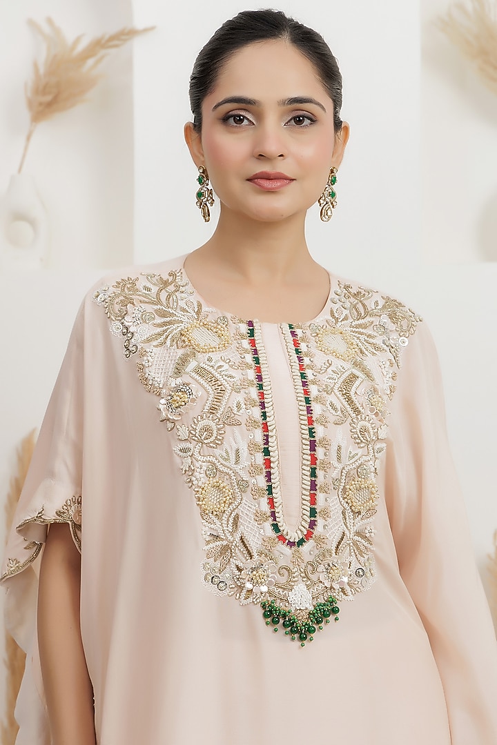Powder Pink Dupion Silk Hand Embroidered Kaftan Set by Baidehi at Pernia's Pop Up Shop