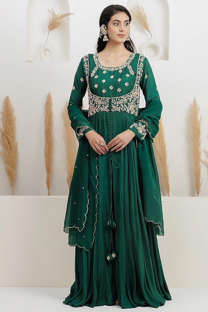 Bottle Green Dupion Silk Sequins Embroidered Party Wear Anarkali Set by Baidehi at Pernia's Pop Up Shop