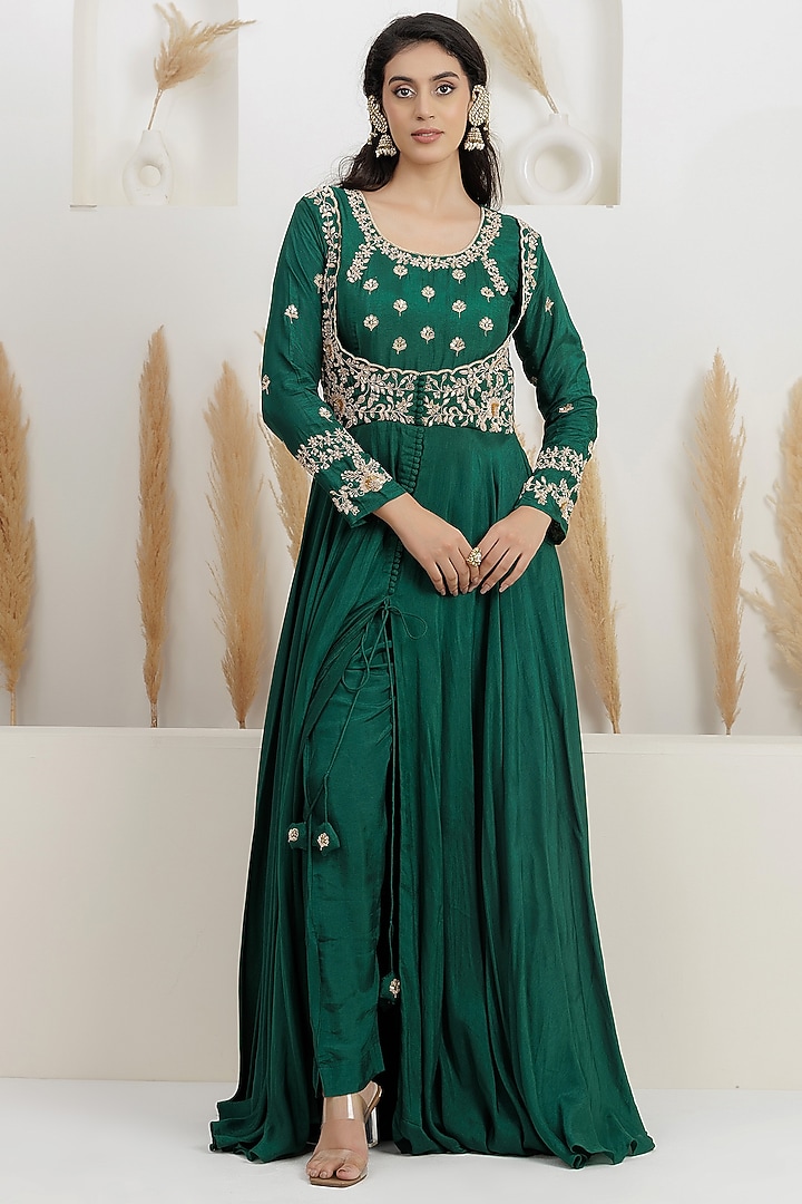 Bottle Green Dupion Silk Sequins Embroidered Party Wear Anarkali Set by Baidehi at Pernia's Pop Up Shop