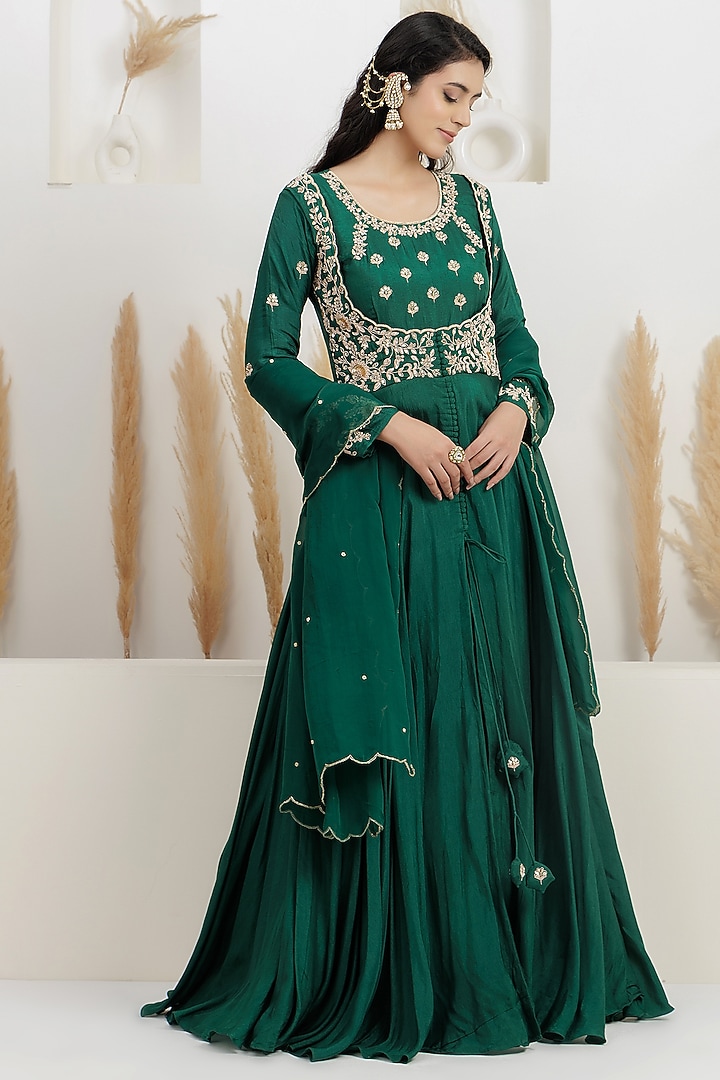 Bottle Green Dupion Silk Sequins Embroidered Party Wear Anarkali Set by Baidehi at Pernia's Pop Up Shop