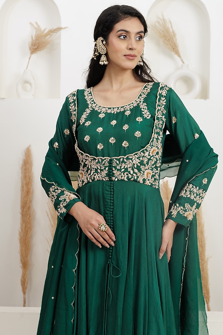 Bottle Green Dupion Silk Sequins Embroidered Party Wear Anarkali Set by Baidehi at Pernia's Pop Up Shop