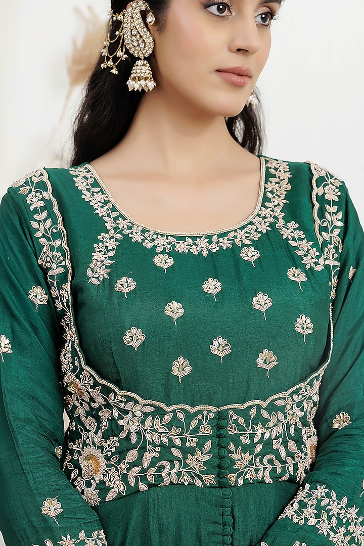Bottle Green Dupion Silk Sequins Embroidered Party Wear Anarkali Set by Baidehi at Pernia's Pop Up Shop