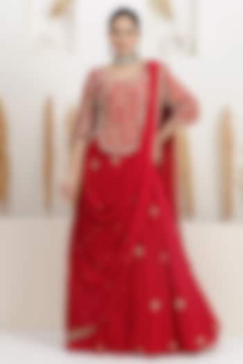 Cherry Red Georgette Pearl Embroidered Draped Wedding Gown Saree by Baidehi at Pernia's Pop Up Shop