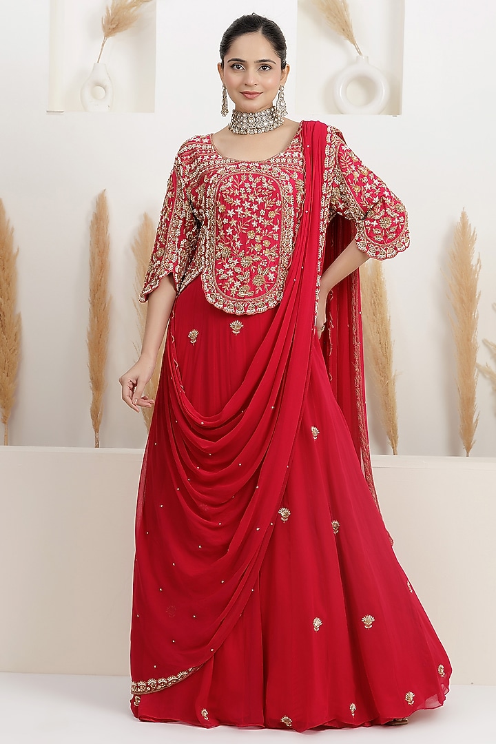 Cherry Red Georgette Pearl Embroidered Draped Wedding Gown Saree by Baidehi at Pernia's Pop Up Shop