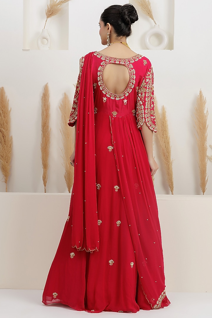 Cherry Red Georgette Pearl Embroidered Draped Wedding Gown Saree by Baidehi at Pernia's Pop Up Shop