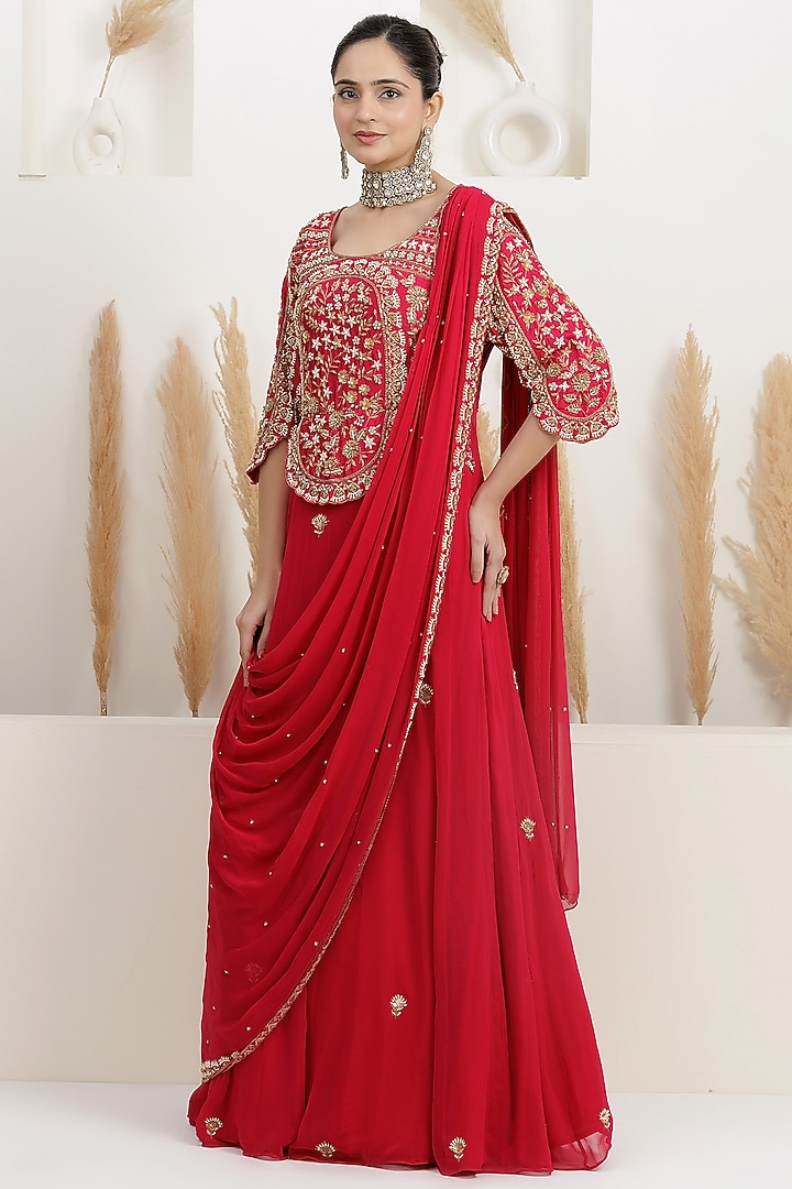 Cherry Red Georgette Pearl Embroidered Draped Wedding Gown Saree by Baidehi at Pernia's Pop Up Shop