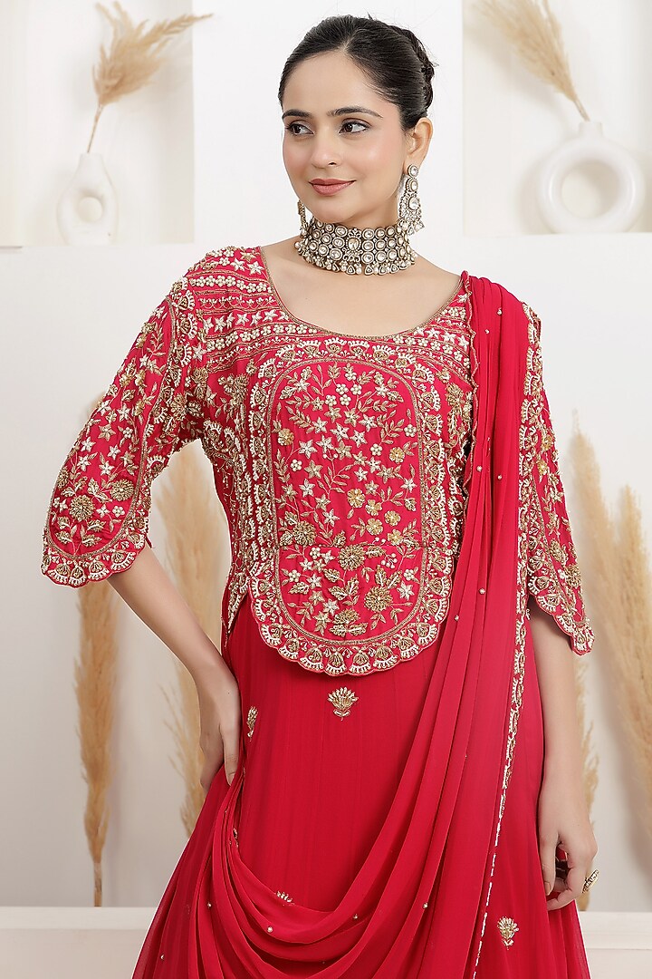 Cherry Red Georgette Pearl Embroidered Draped Wedding Gown Saree by Baidehi at Pernia's Pop Up Shop