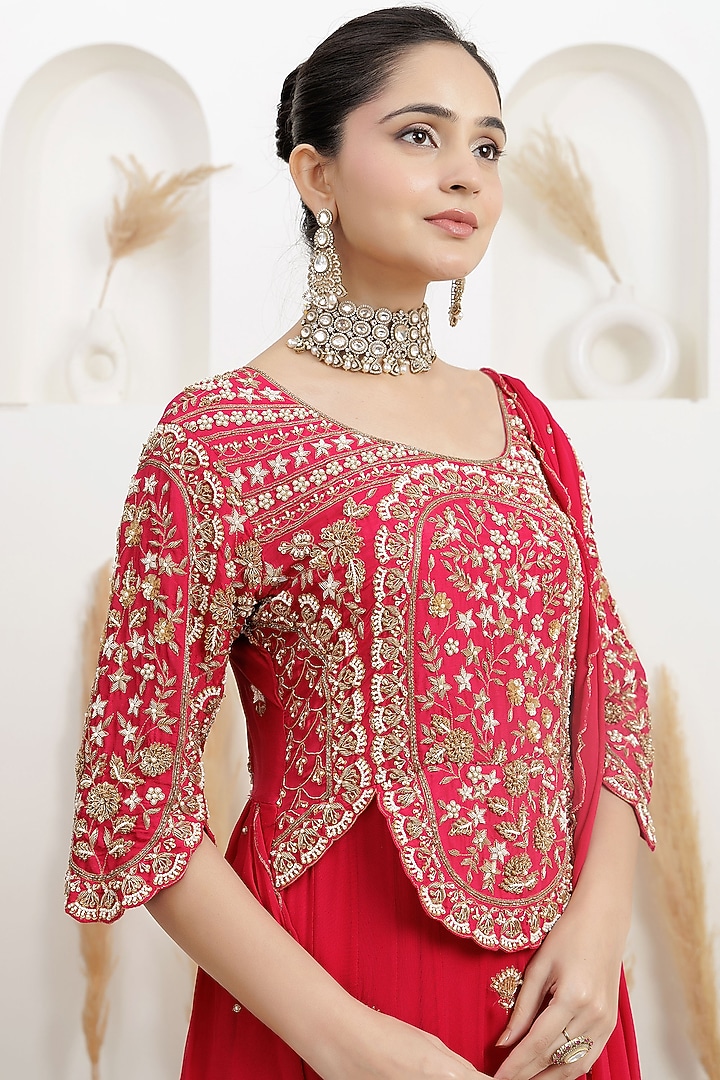 Cherry Red Georgette Pearl Embroidered Draped Wedding Gown Saree by Baidehi at Pernia's Pop Up Shop