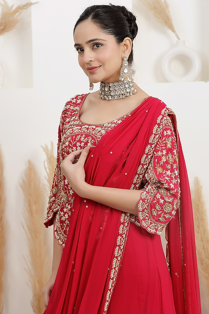 Cherry Red Georgette Pearl Embroidered Draped Wedding Gown Saree by Baidehi at Pernia's Pop Up Shop