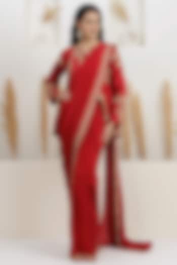  Carmine Red Crepe Silk Draped Jacket Set  by Baidehi at Pernia's Pop Up Shop