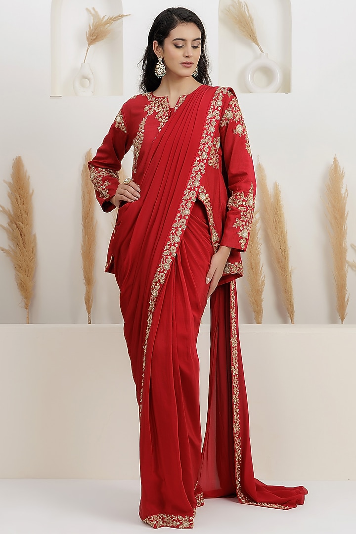 Carmine Red Crepe Silk Draped Jacket Set by Baidehi at Pernia's Pop Up Shop