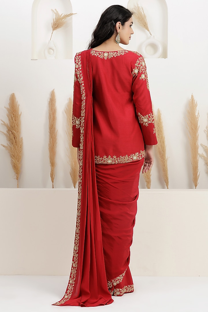 Carmine Red Crepe Silk Draped Jacket Set by Baidehi at Pernia's Pop Up Shop