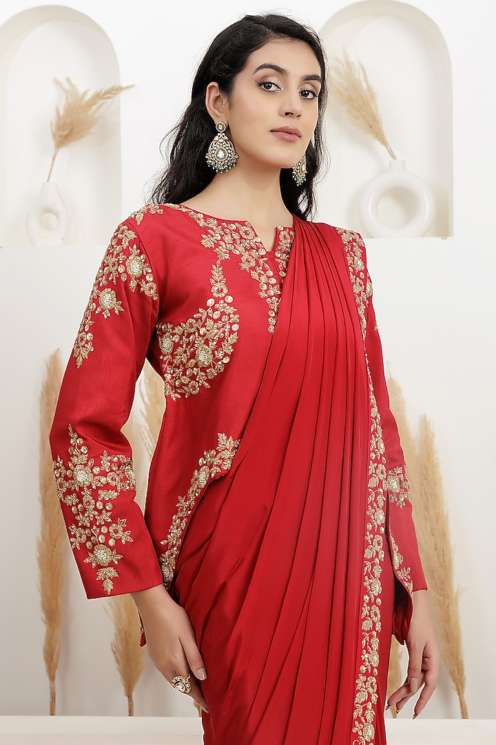 Carmine Red Crepe Silk Draped Jacket Set by Baidehi at Pernia's Pop Up Shop