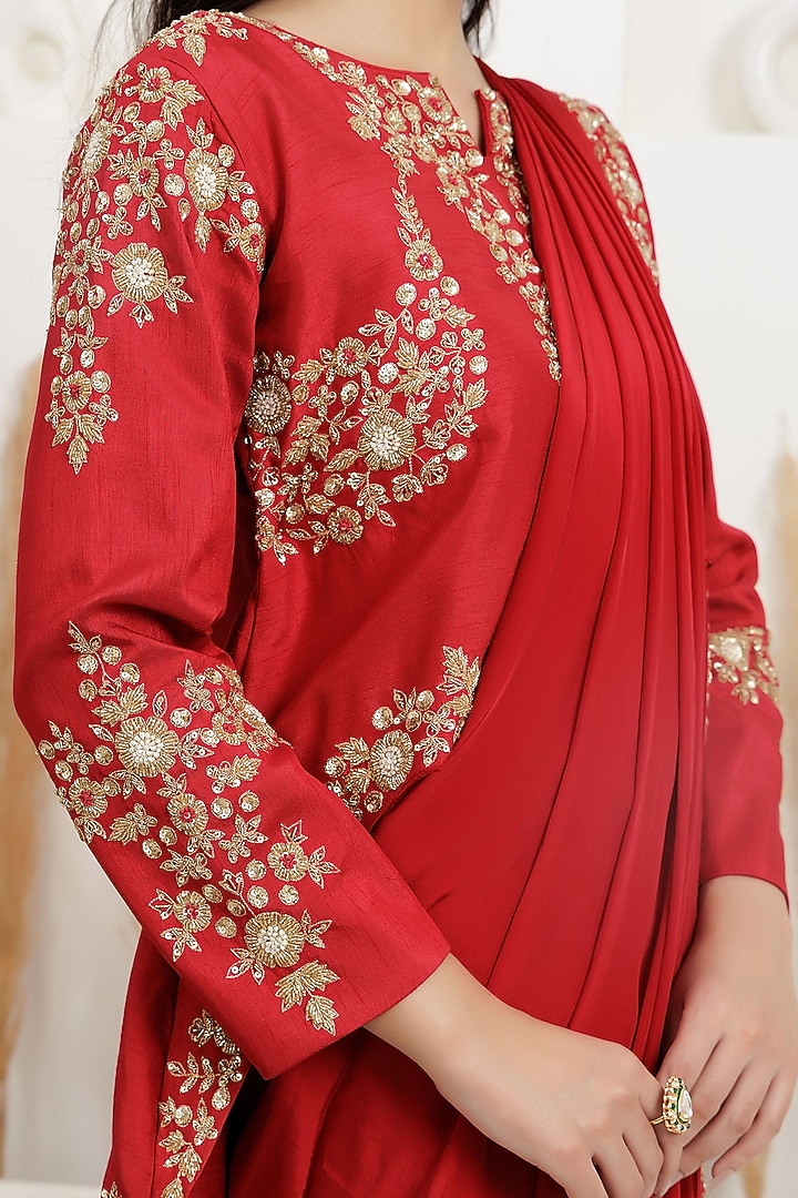 Carmine Red Crepe Silk Draped Jacket Set by Baidehi at Pernia's Pop Up Shop