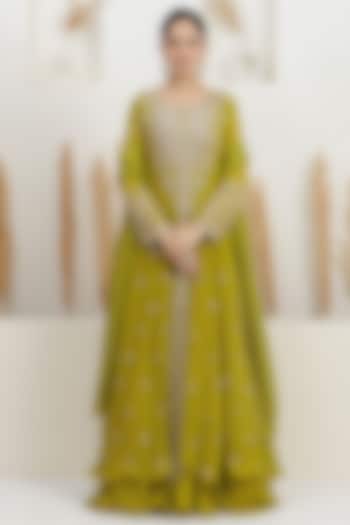 Chartreuse Green Georgette Cutdana Embroidered Layered Wedding Anarkali Set by Baidehi at Pernia's Pop Up Shop