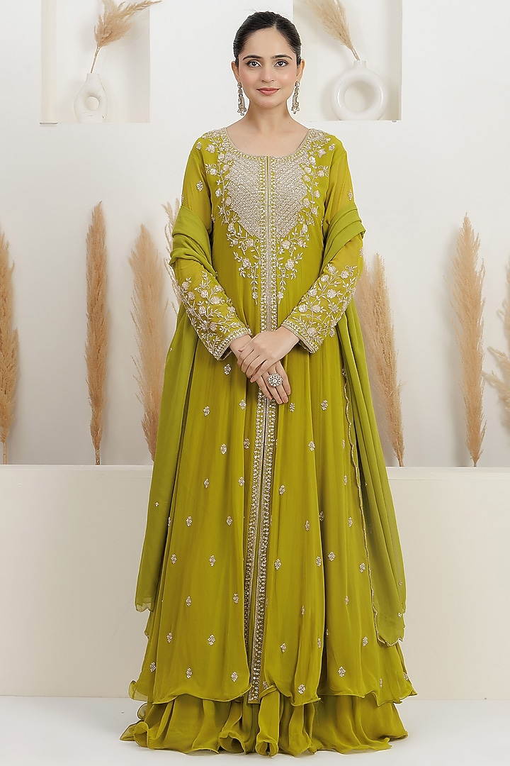 Chartreuse Green Georgette Cutdana Embroidered Layered Wedding Anarkali Set by Baidehi at Pernia's Pop Up Shop