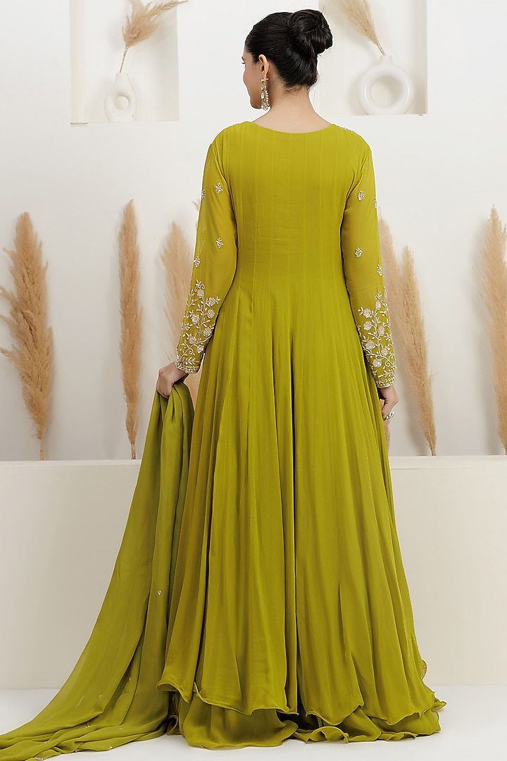  Chartreuse Green Georgette Cutdana Embroidered Layered Wedding Anarkali Set  by Baidehi at Pernia's Pop Up Shop