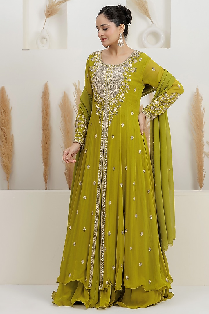  Chartreuse Green Georgette Cutdana Embroidered Layered Wedding Anarkali Set  by Baidehi at Pernia's Pop Up Shop