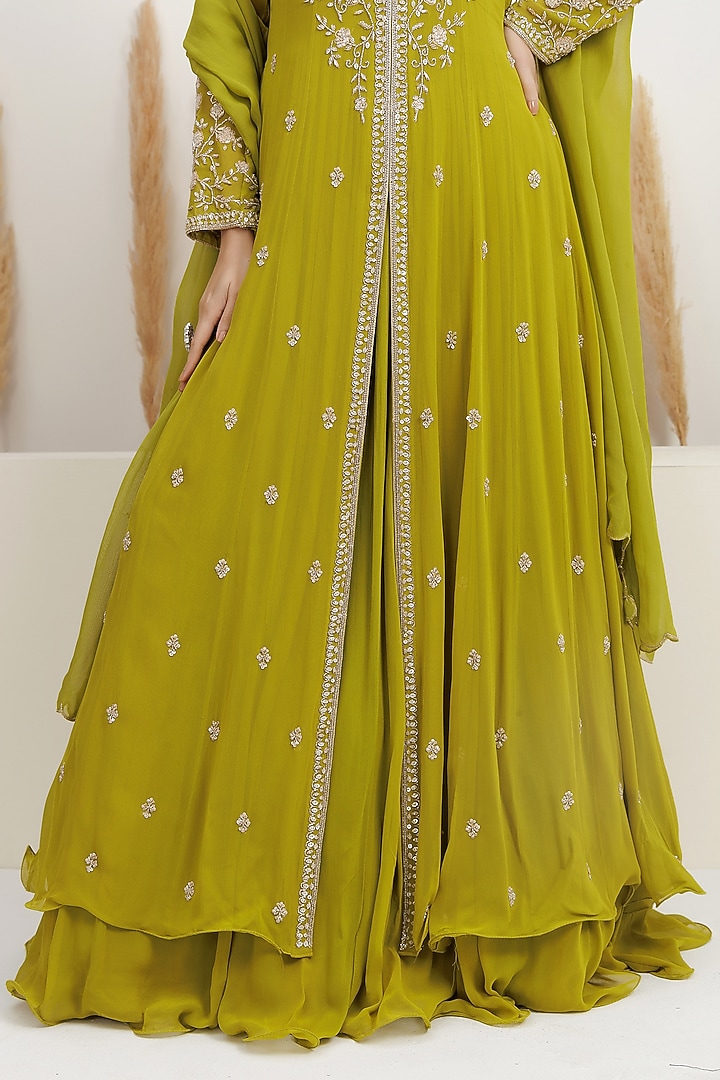  Chartreuse Green Georgette Cutdana Embroidered Layered Wedding Anarkali Set  by Baidehi at Pernia's Pop Up Shop