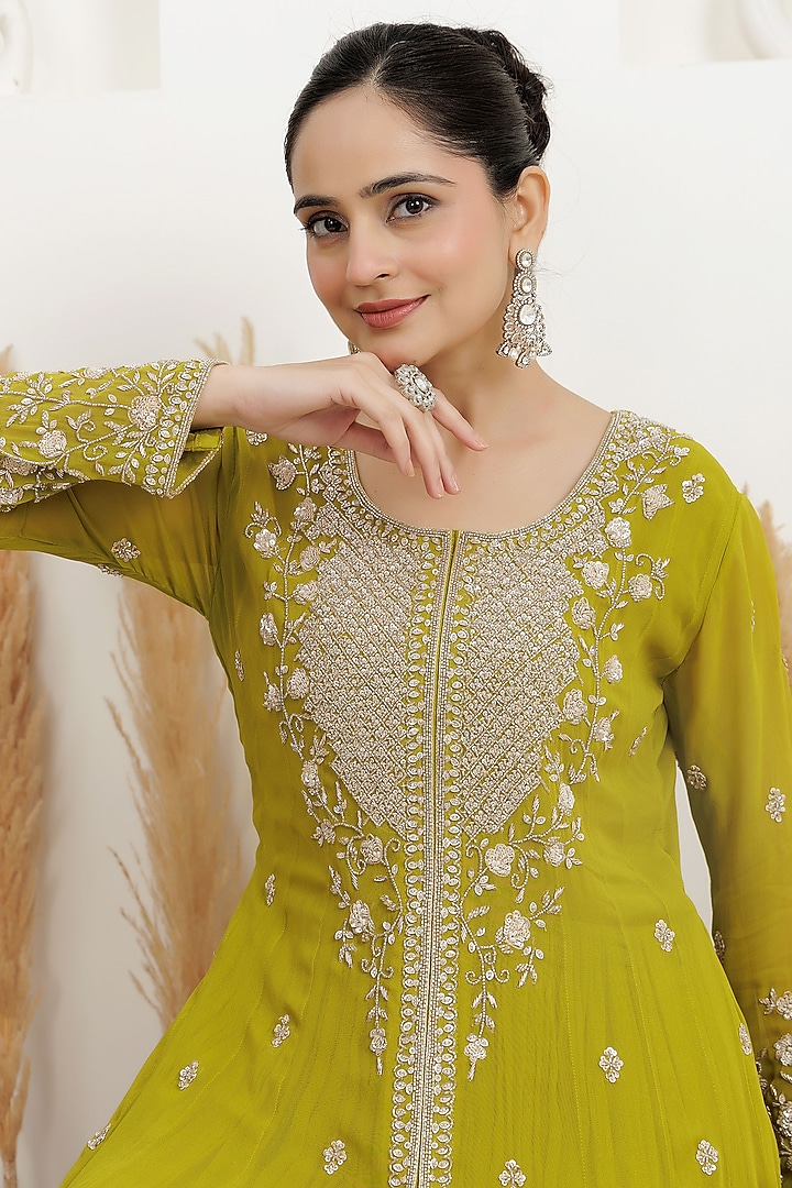  Chartreuse Green Georgette Cutdana Embroidered Layered Wedding Anarkali Set  by Baidehi at Pernia's Pop Up Shop