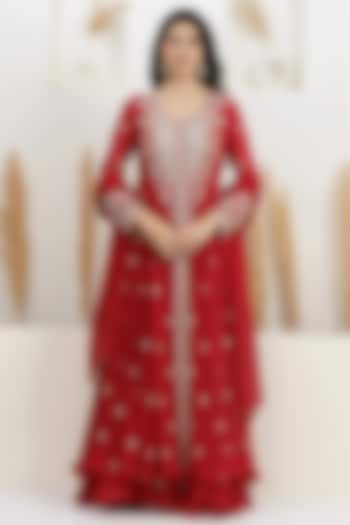 Dark Scarlet Red Georgette Cutdana Embroidered Layered Wedding Anarkali Set by Baidehi at Pernia's Pop Up Shop