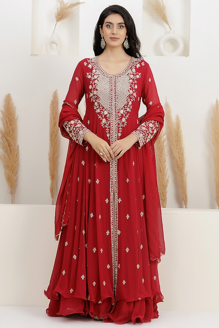 Dark Scarlet Red Georgette Cutdana Embroidered Layered Wedding Anarkali Set by Baidehi at Pernia's Pop Up Shop
